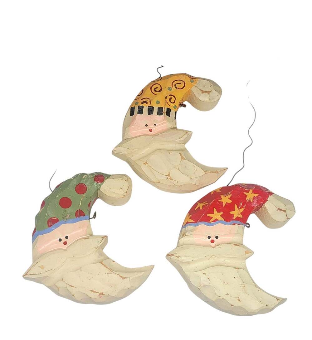 Vtg Lot Of 3 Folk Art Whimsical Crescent Moon Santa Christmas Ornament 5"x4"